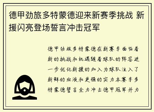 德甲劲旅多特蒙德迎来新赛季挑战 新援闪亮登场誓言冲击冠军