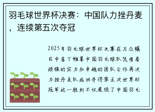 羽毛球世界杯决赛：中国队力挫丹麦，连续第五次夺冠