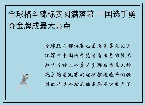全球格斗锦标赛圆满落幕 中国选手勇夺金牌成最大亮点