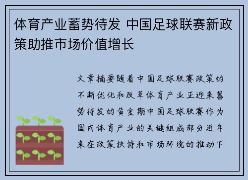 体育产业蓄势待发 中国足球联赛新政策助推市场价值增长